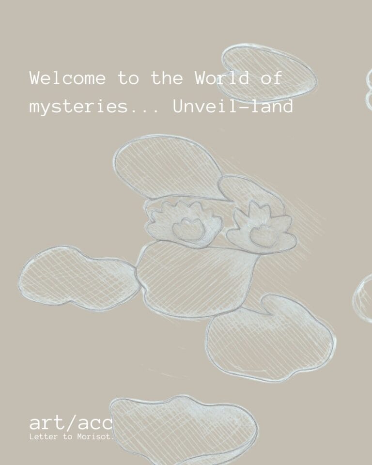 Minimalist chalk-style sketch of water lilies on a warm beige background, introducing Unveil-land and art/acc architecture.