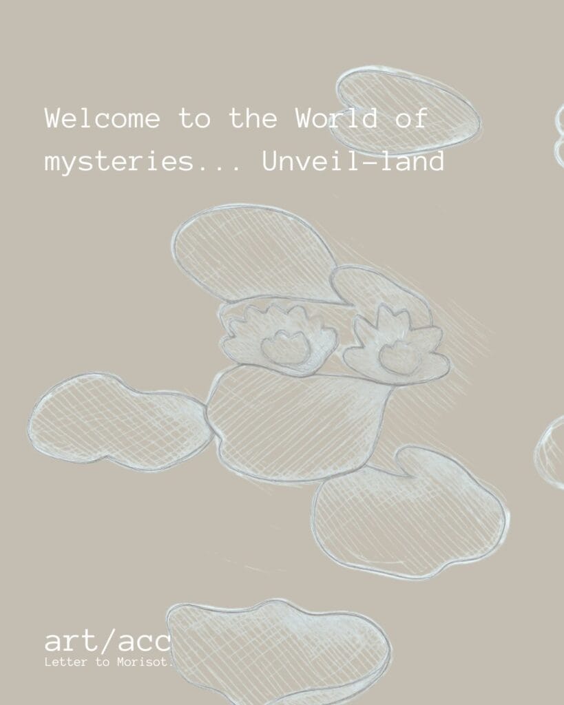 Minimalist chalk-style sketch of water lilies on a warm beige background, introducing Unveil-land and art/acc architecture.