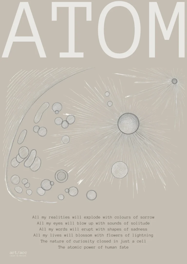 Discover the "Atom" v1 Alabaster conceptual fine art poster A2 from art/acc. Explore the collision of human biology, quantum mechanics, and raw minimalist line art.