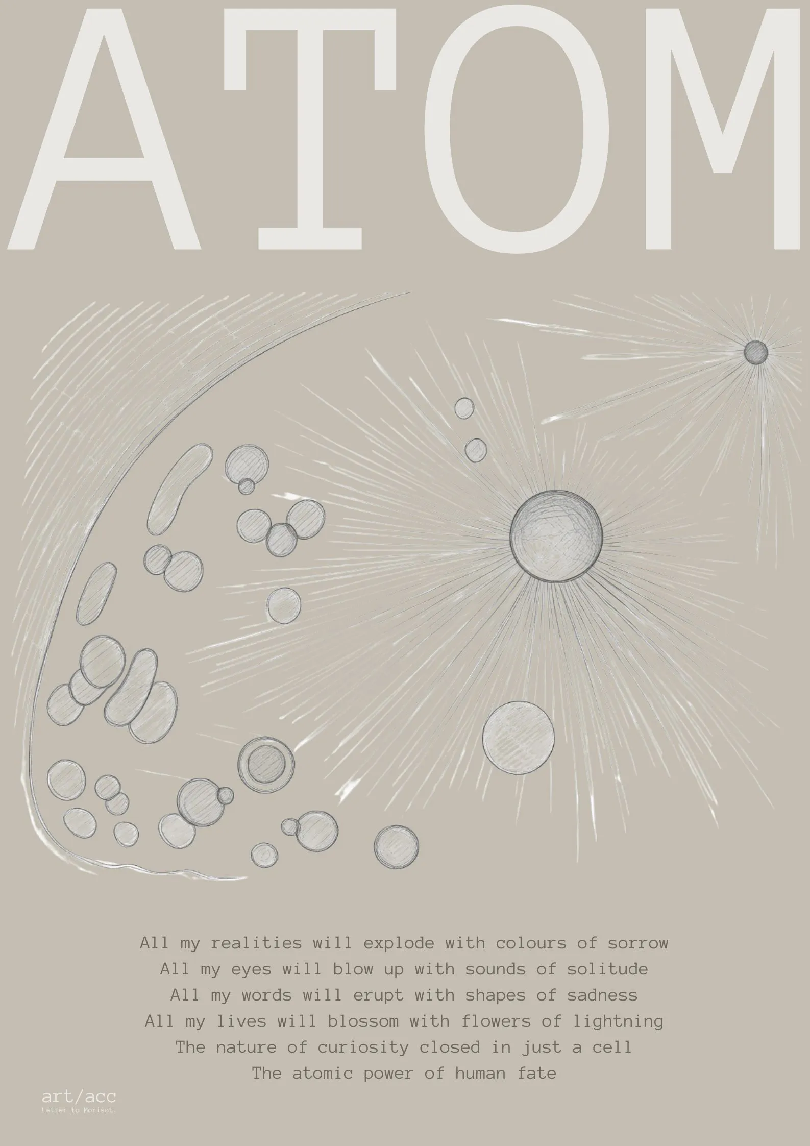 Discover the "Atom" v1 Alabaster conceptual fine art poster A2 from art/acc. Explore the collision of human biology, quantum mechanics, and raw minimalist line art.