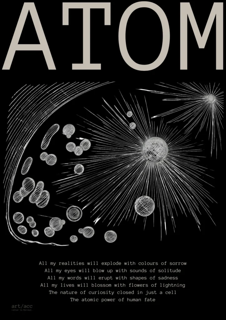Discover the "Atom" v1 Obsidian conceptual fine art poster A2 from art/acc. Explore the collision of human biology, quantum mechanics, and raw minimalist line art.
