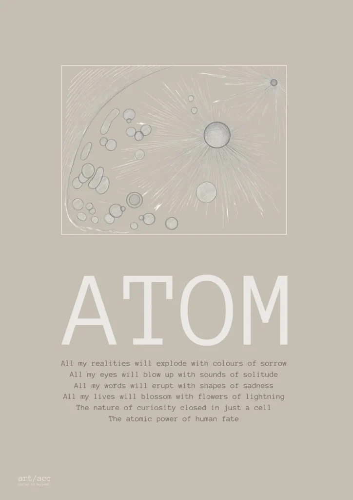 Discover the "Atom" v2 Alabaster conceptual fine art poster A2 from art/acc. Explore the collision of human biology, quantum mechanics, and raw minimalist line art.