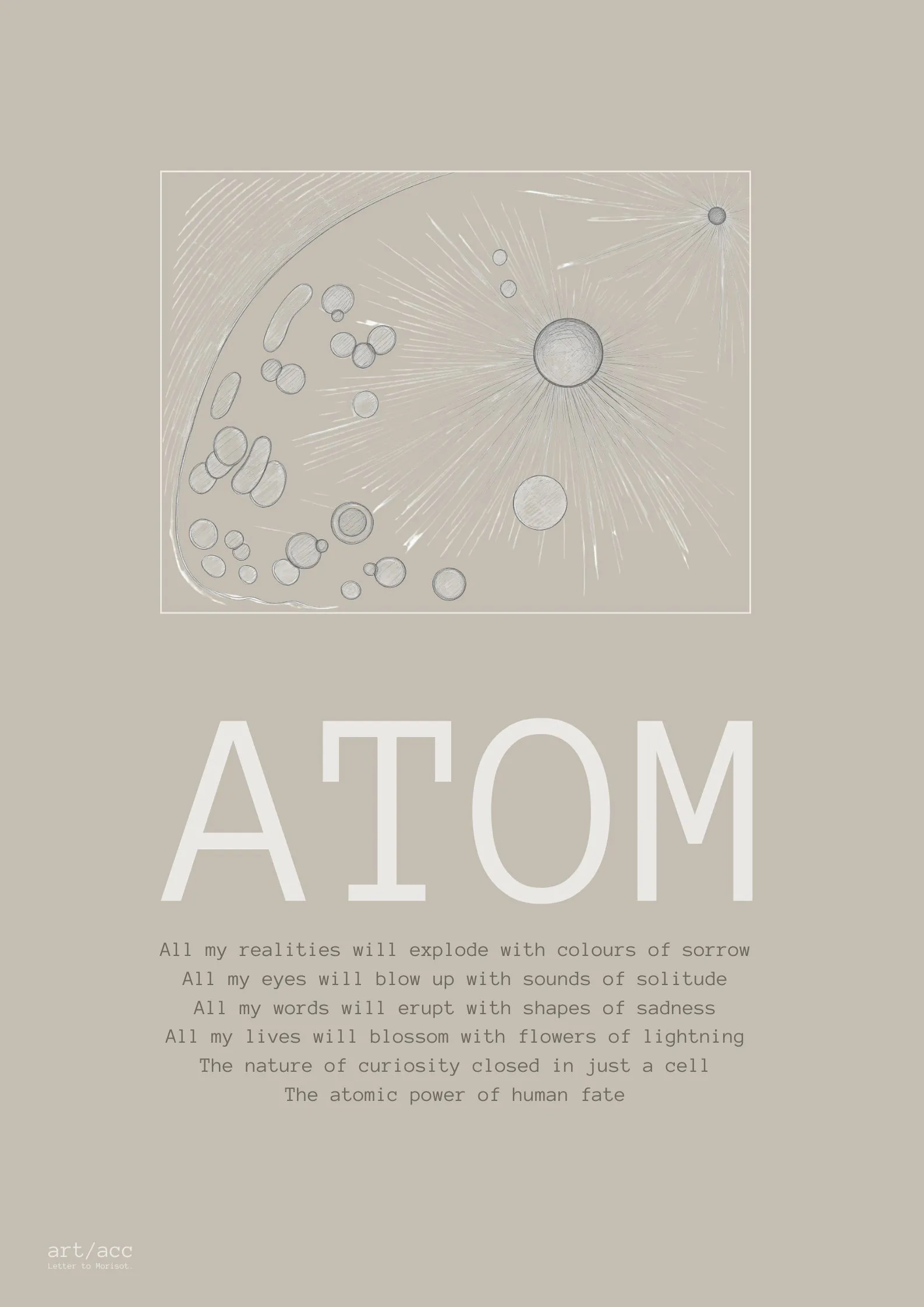Discover the "Atom" v2 Alabaster conceptual fine art poster A2 from art/acc. Explore the collision of human biology, quantum mechanics, and raw minimalist line art.