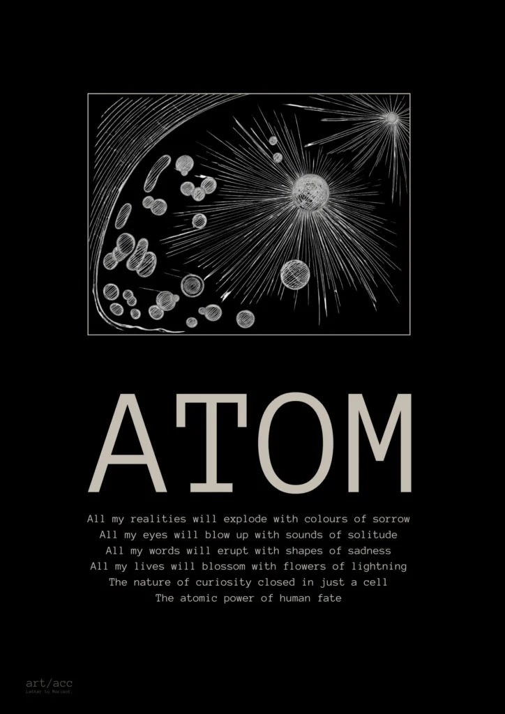 Discover the "Atom" v2 Obsidian conceptual fine art poster A2 from art/acc. Explore the collision of human biology, quantum mechanics, and raw minimalist line art.