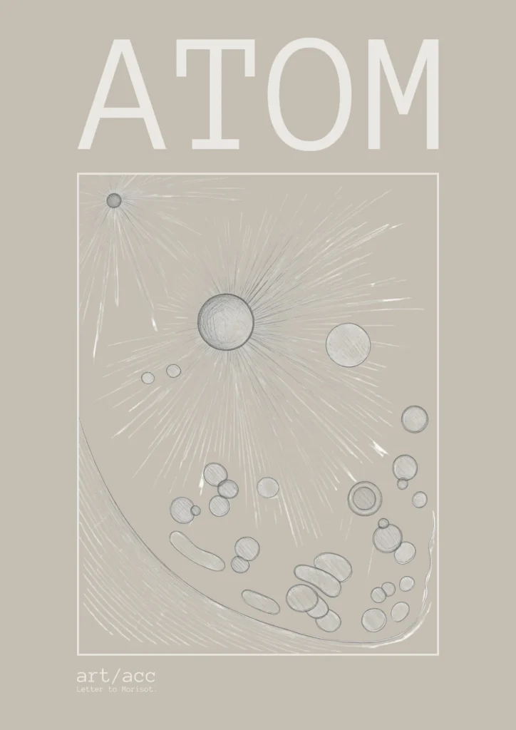 Discover the "Atom" v4 Alabaster conceptual fine art poster A2 from art/acc. Explore the collision of human biology, quantum mechanics, and raw minimalist line art.