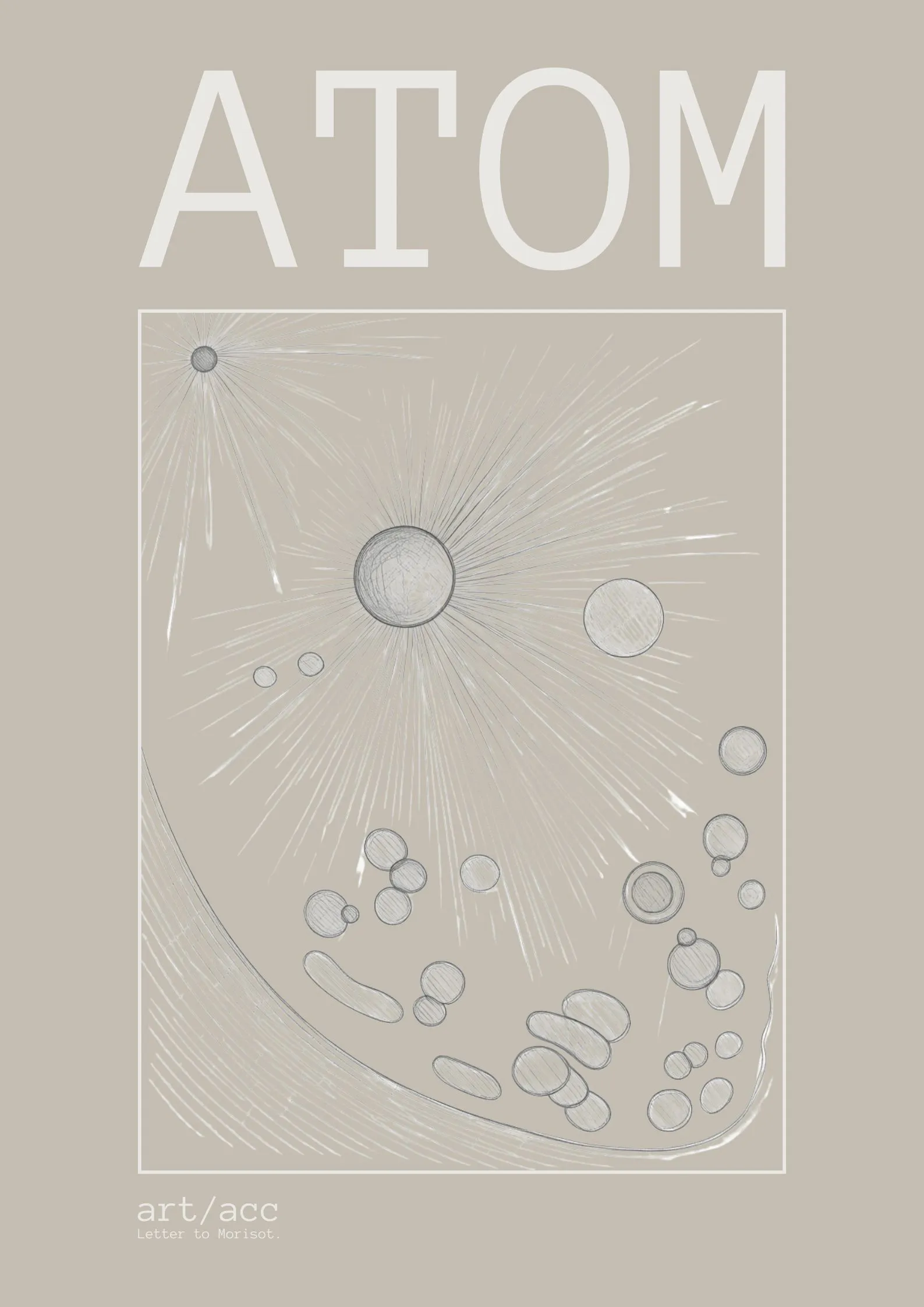 Discover the "Atom" v4 Alabaster conceptual fine art poster A2 from art/acc. Explore the collision of human biology, quantum mechanics, and raw minimalist line art.