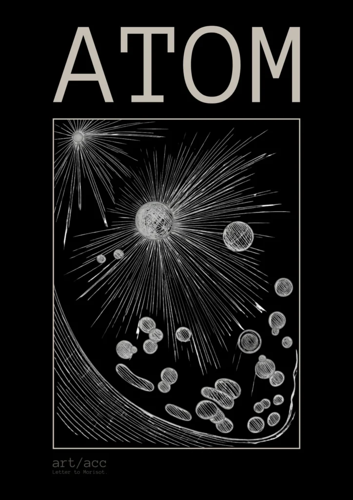 Discover the "Atom" v4 Obsidian conceptual fine art poster A2 from art/acc. Explore the collision of human biology, quantum mechanics, and raw minimalist line art.