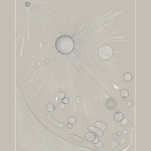 Discover the "Atom" v3 Alabaster conceptual fine art poster A2 from art/acc. Explore the collision of human biology, quantum mechanics, and raw minimalist line art.