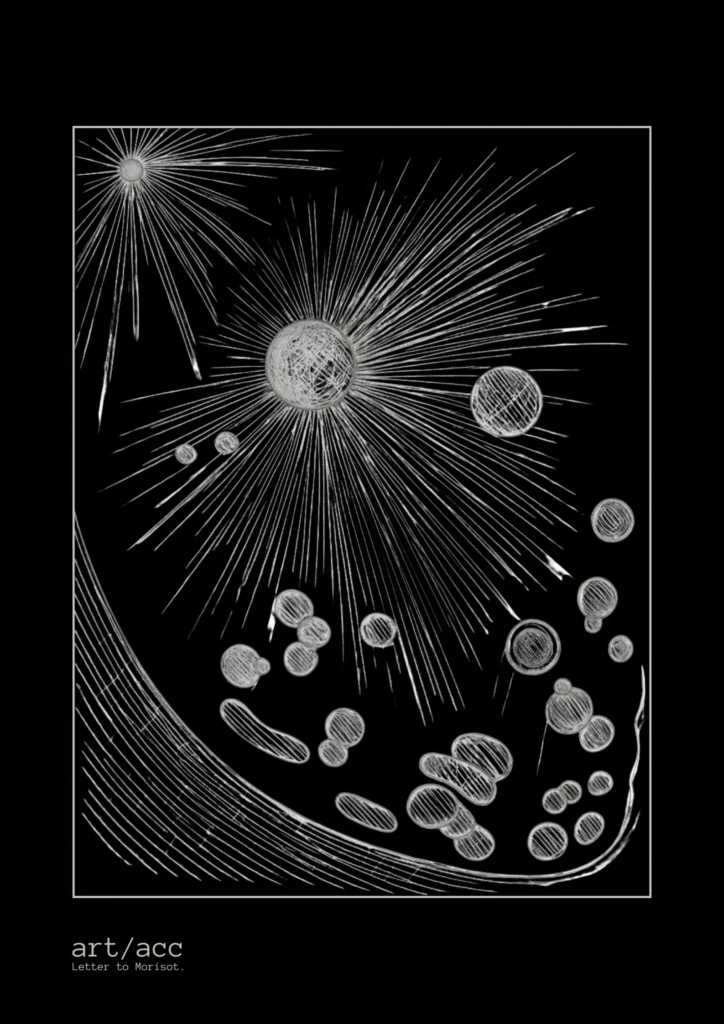 Discover the "Atom" v3 Obsidian conceptual fine art poster A2 from art/acc. Explore the collision of human biology, quantum mechanics, and raw minimalist line art.