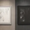 Atom (原子) — Japanese Kanji Fine-Art Poetry Poster A2 (Diptych Set) Atom (原子) fine-art poetry poster A2 diptych collector set in Alabaster cream and Obsidian black by Beata Mosór, framed side-by-side with vertical Japanese Mincho typography on Hahnemühle cotton paper.