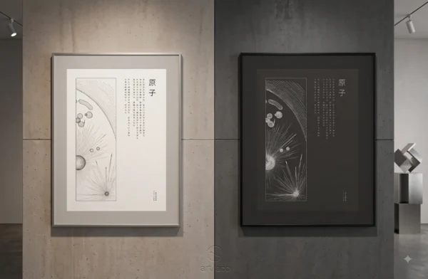 Atom (原子) — Japanese Kanji Fine-Art Poetry Poster A2 (Diptych Set) Atom (原子) fine-art poetry poster A2 diptych collector set in Alabaster cream and Obsidian black by Beata Mosór, framed side-by-side with vertical Japanese Mincho typography on Hahnemühle cotton paper.
