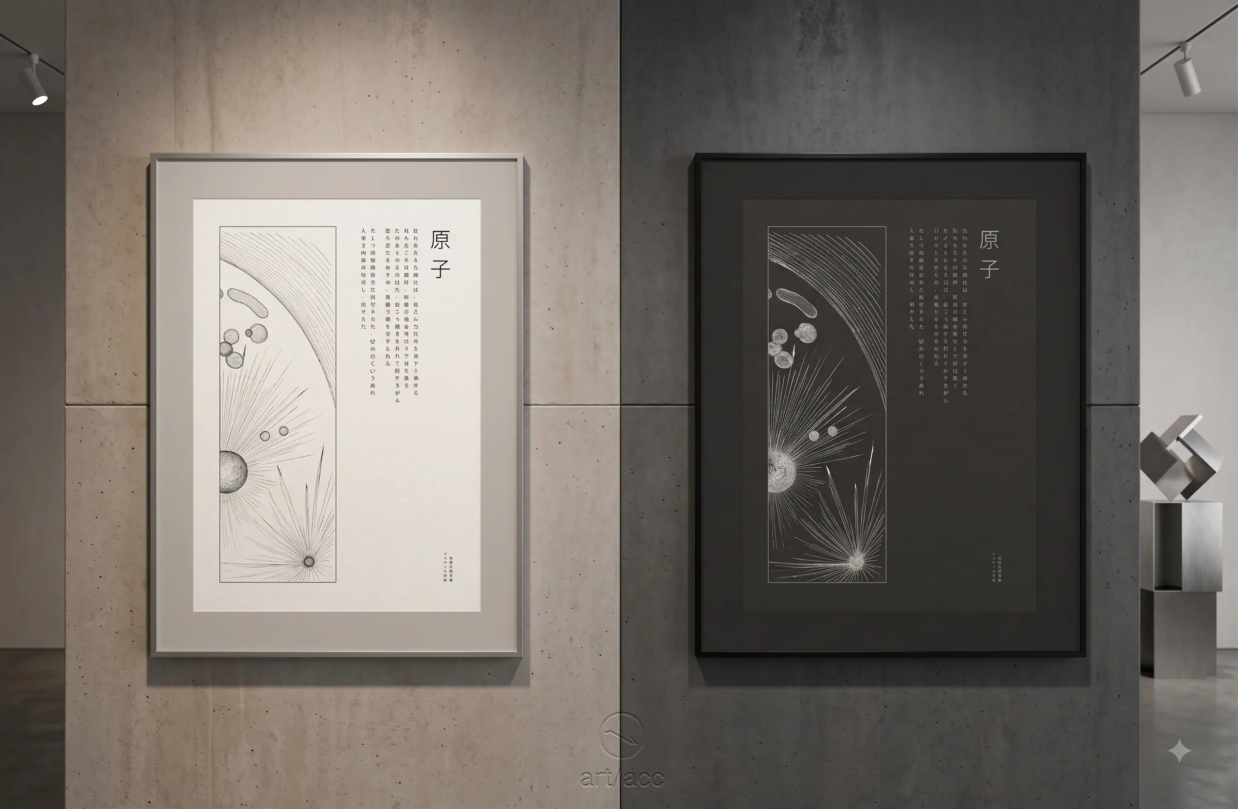 Atom (原子) fine-art poetry poster A2 diptych collector set in Alabaster cream and Obsidian black by Beata Mosór, framed side-by-side with vertical Japanese Mincho typography on Hahnemühle cotton paper.