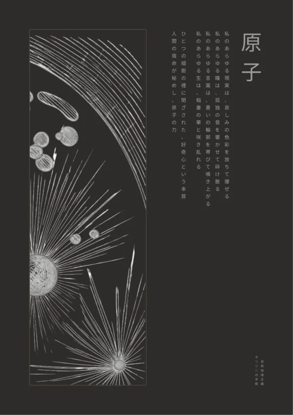 Atom (原子) — Japanese Kanji Poetry Poster A2 (Obsidian Diptych) Atom (原子) Japanese Kanji poetry poster A2 in Obsidian black diptych edition with left-core diagonal alignment for two-piece wall display.