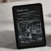 A sleek, aesthetic product mockup designed for an English shop. On the left, a modern tablet (iPad) displays the cover of the Otwarcie visual poetry ebook, illuminated by soft natural light. It rests on a clean, light gray concrete surface.
