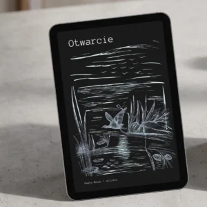 A sleek, aesthetic product mockup designed for an English shop. On the left, a modern tablet (iPad) displays the cover of the Otwarcie visual poetry ebook, illuminated by soft natural light. It rests on a clean, light gray concrete surface.