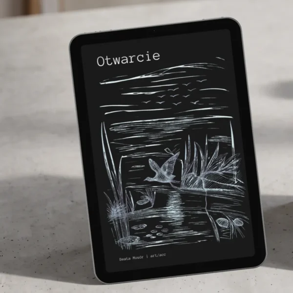 A sleek, aesthetic product mockup designed for an English shop. On the left, a modern tablet (iPad) displays the cover of the Otwarcie visual poetry ebook, illuminated by soft natural light. It rests on a clean, light gray concrete surface.