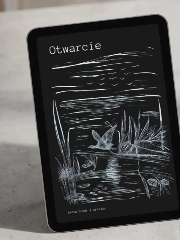 otwarcie-visual-poetry-ebook-cover-beata-mosor-on-ipad A sleek, aesthetic product mockup designed for an English shop. On the left, a modern tablet (iPad) displays the cover of the Otwarcie visual poetry ebook, illuminated by soft natural light. It rests on a clean, light gray concrete surface.