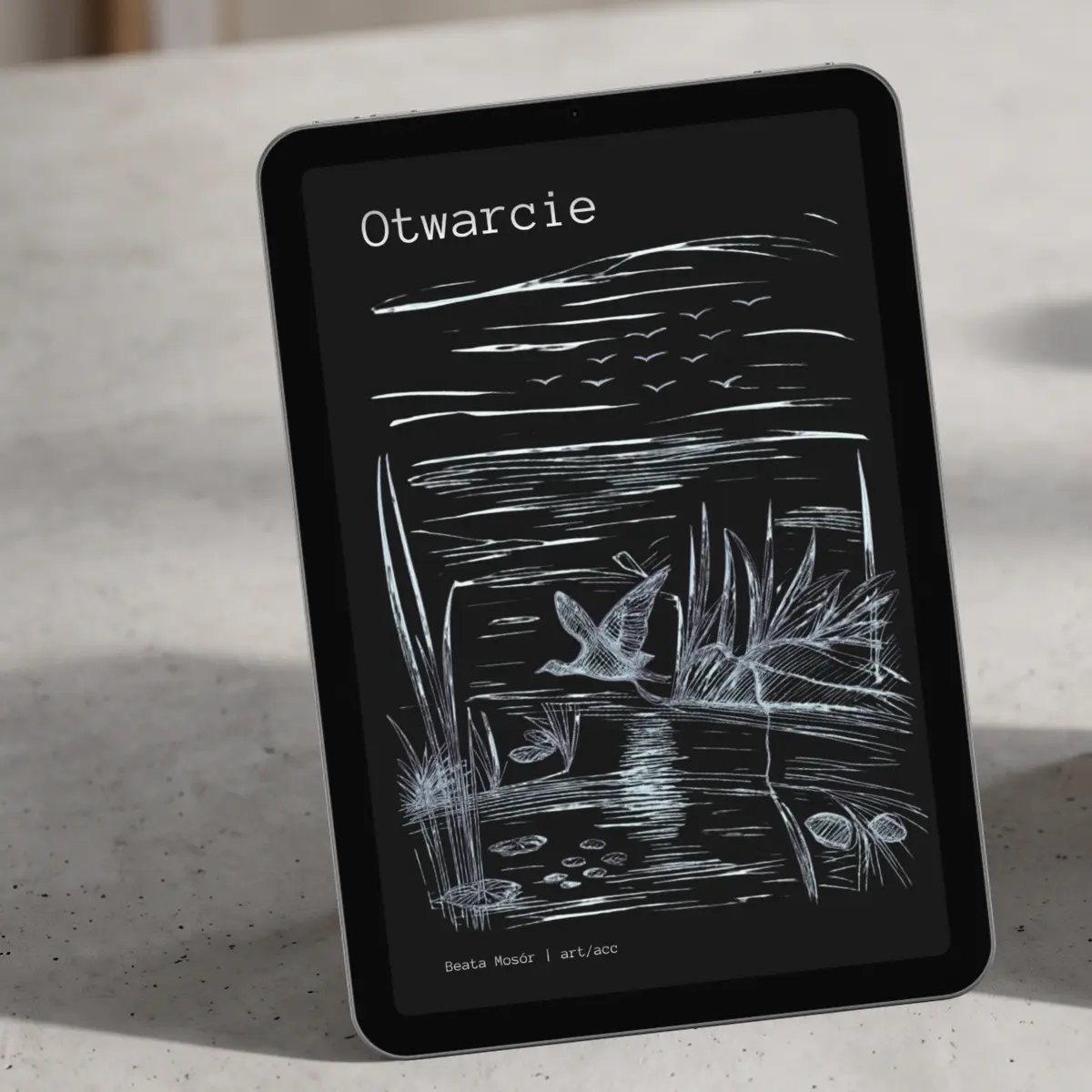 A sleek, aesthetic product mockup designed for an English shop. On the left, a modern tablet (iPad) displays the cover of the Otwarcie visual poetry ebook, illuminated by soft natural light. It rests on a clean, light gray concrete surface.